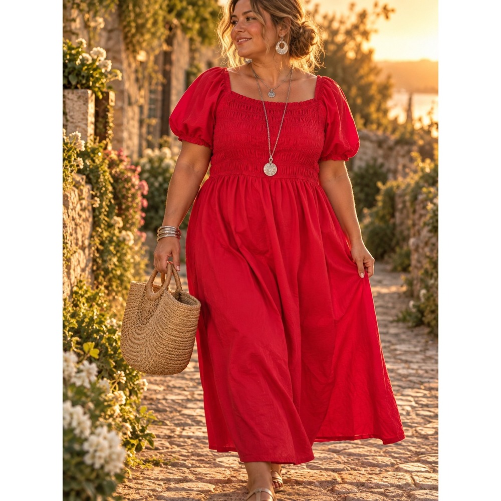 Lane Bryant Red Smocked Puff Sleeve Cotton Midi Dress Pockets NWT 18/20